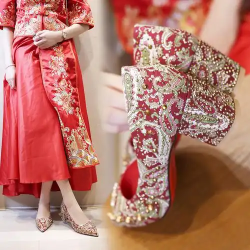 他他商城 鞋子 中式新娘鞋女粗跟中跟配秀禾服的尖头高跟鞋2cm低跟