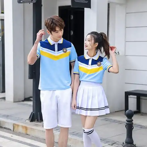 中学生班服学院风校服套装新款蔚蓝t恤六一毕业照夏季运动服批发