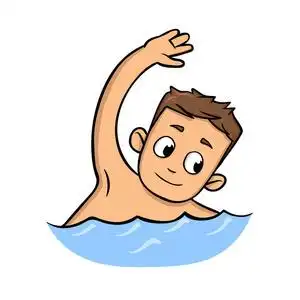 微笑的孩子游泳.卡通平面设计图标.平面矢量图.在白色背景下隔离照片