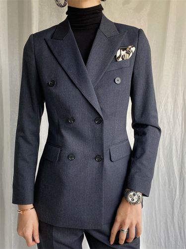 秋冬人字纹灰蓝色双排扣西装套装女修身职业工装羊毛定制大码高级