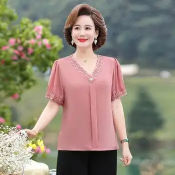羽夕兔 中老年女装夏妈妈装短袖夏季套装中老年t恤女雪纺宽松大码洋气