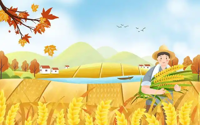 秋天插画扁平卡通秋分丰收节农民和稻田原创插画海报