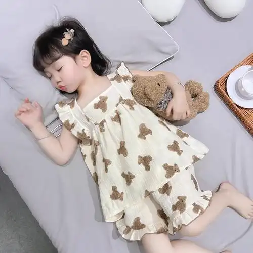女童家居服印花睡衣夏季薄款短裤两件套装儿童短袖可爱公主小女孩