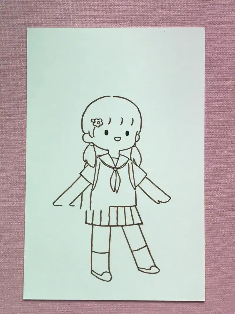 手帐简笔画丨校服女孩(附线稿) 头画大了一点点明天上绘画过程视频