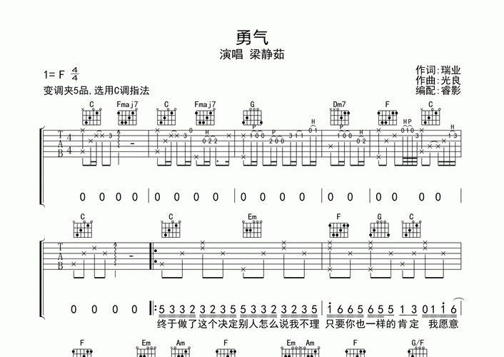 勇气吉他谱_梁静茹_c调弹唱六线谱_睿影上传