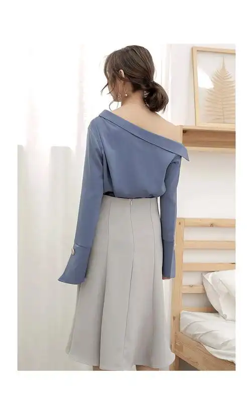 韩版性感一字领斜肩长袖衬衫女2018春装新款露肩上衣雪纺衫