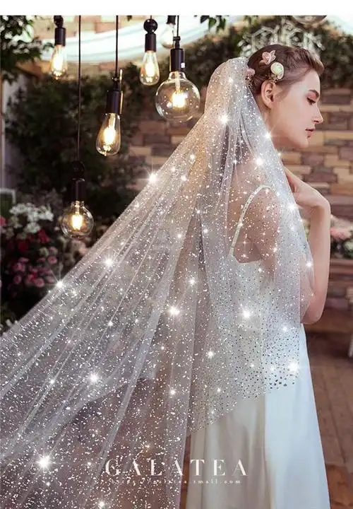 葛澜新娘头纱韩式结婚拖尾婚礼闪闪亮片抖音超长大拖尾