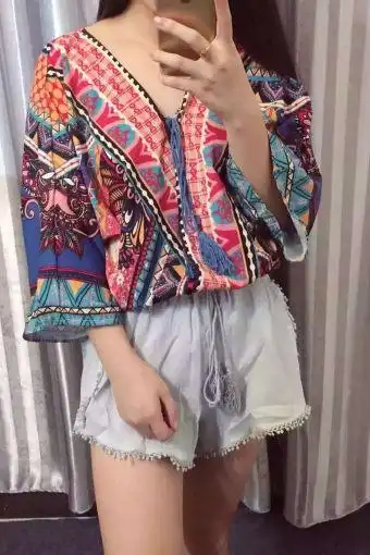 民族v领雪纺衫,下摆橡皮筋,均