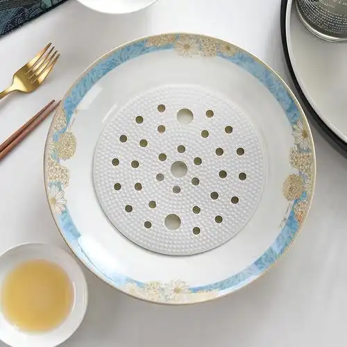 唐山骨瓷双层沥水饺子盘家用金边欧式陶瓷盘碟子创意深盘子餐盘