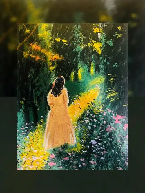 油画棒花丛中的少女背影