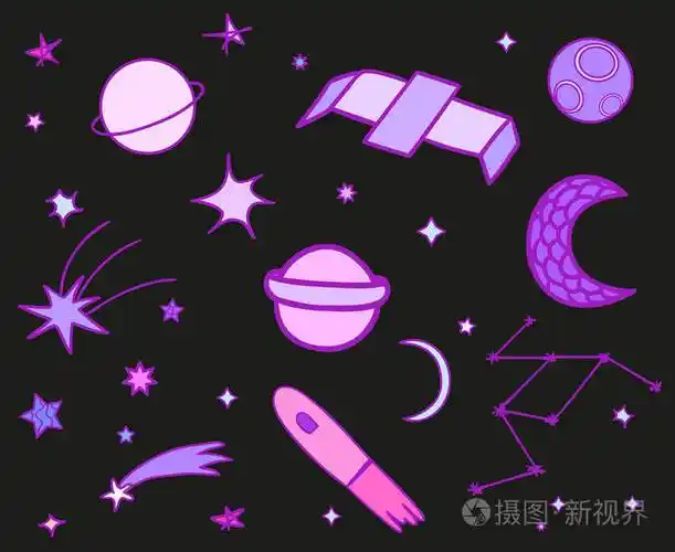 孤立黑色背景上的宇宙元素. 五颜六色的涂鸦设计.
