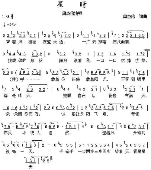 《星晴》歌曲简谱简介周杰伦经典歌曲系列之《星晴》简谱,此曲由