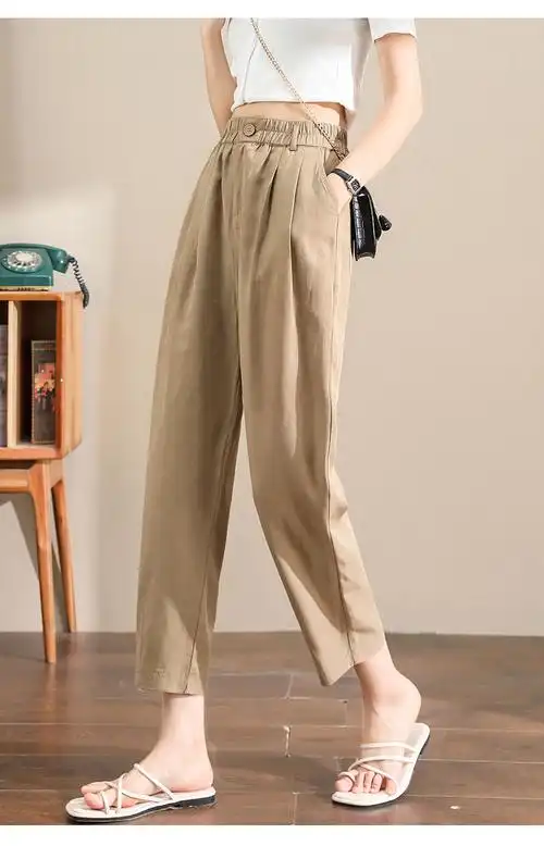休闲裤女小个子夏天哈伦裤女夏季薄款宽松女裤棉麻九分裤高腰亚麻裤子