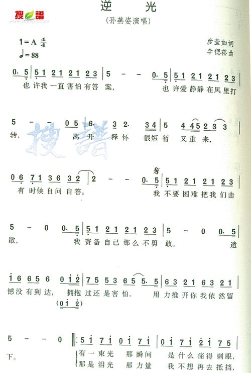 逆光 孙燕姿 歌谱 简谱