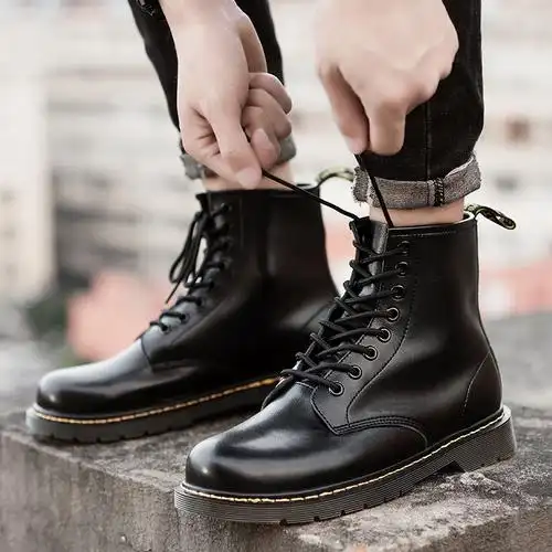 帆汀ajafighting英伦时尚马丁靴男真皮中筒靴子男工装靴加绒男士高帮