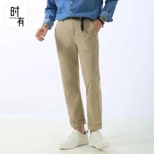 时有sometimes卡其裤男直筒修身重磅夏装卡其色休闲休闲裤