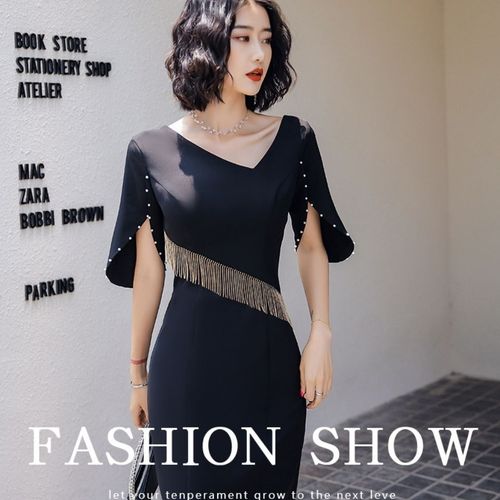 黑色职业不对称流苏小礼服,大气高雅成熟美丽