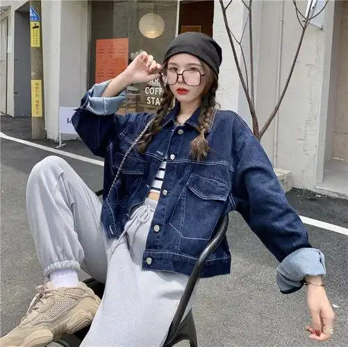 实拍实价深蓝色斜纹口袋牛仔外套女春季宽松百搭短款牛仔上衣潮