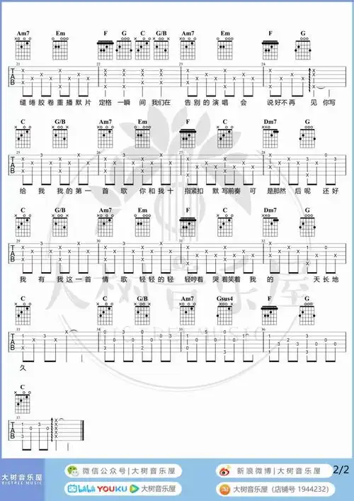情歌吉他谱梁静茹情歌c调原版六线谱吉他弹唱教学