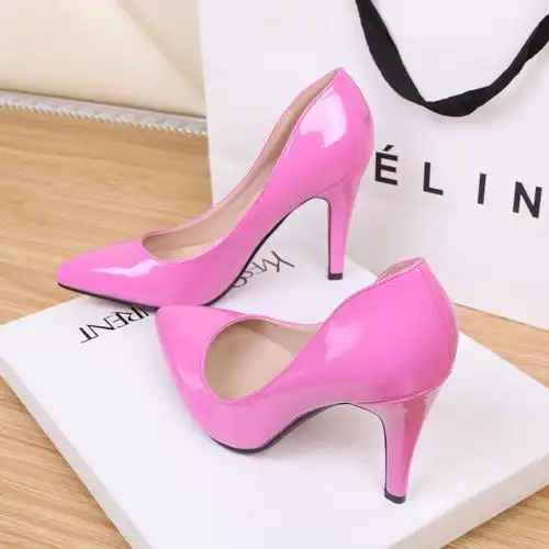 春秋裸色尖头高跟鞋细跟中跟单鞋裸粉色漆皮浅口性感夜店职业女鞋