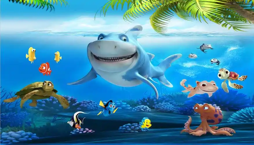 卡通环保大型壁画电视背景墙儿童房壁纸温和可爱鲨鱼海底世界墙纸