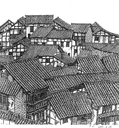 钢笔线描四川古镇14