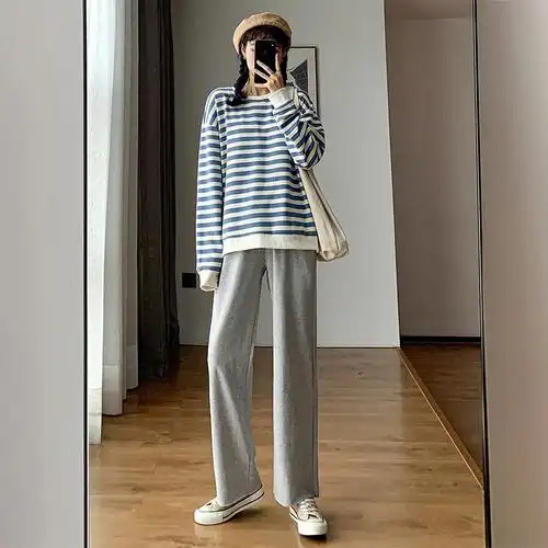 灰色运动裤女宽松直筒高腰垂感秋季新款