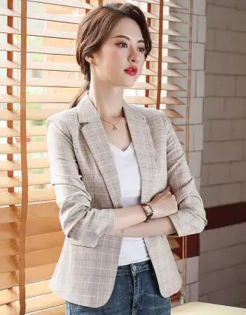 休闲小西装春季格子短款外套女英伦风短款复古修身格纹时尚西服杏色s8