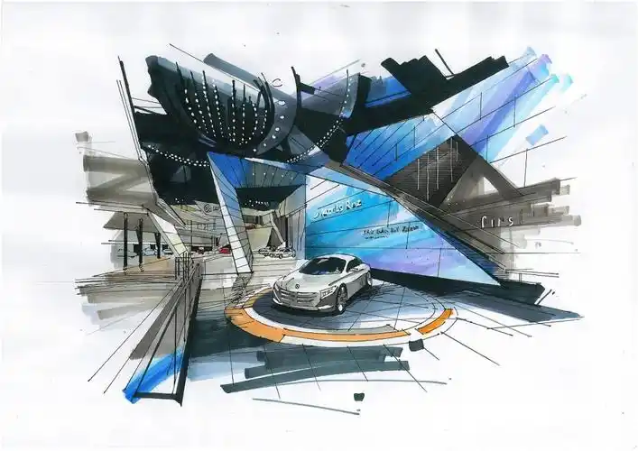 手绘教程展陈展厅空间线稿上色空间步骤解析图