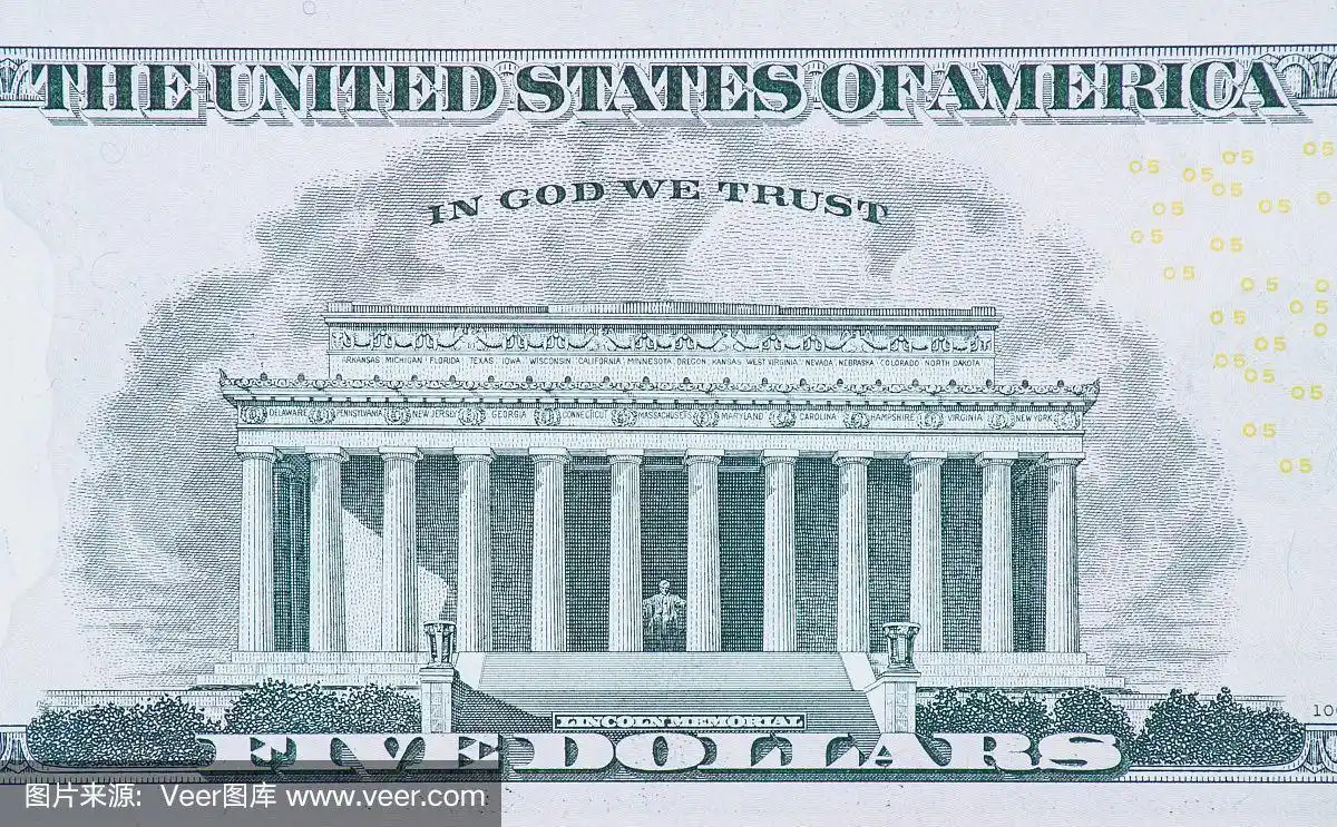 林肯纪念堂印在五美元纸币的背面