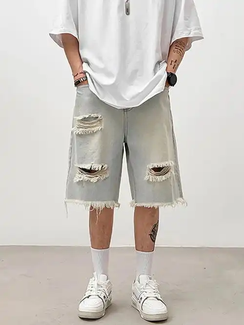 夏季男生穿搭丨毛边破洞乞丐牛仔裤