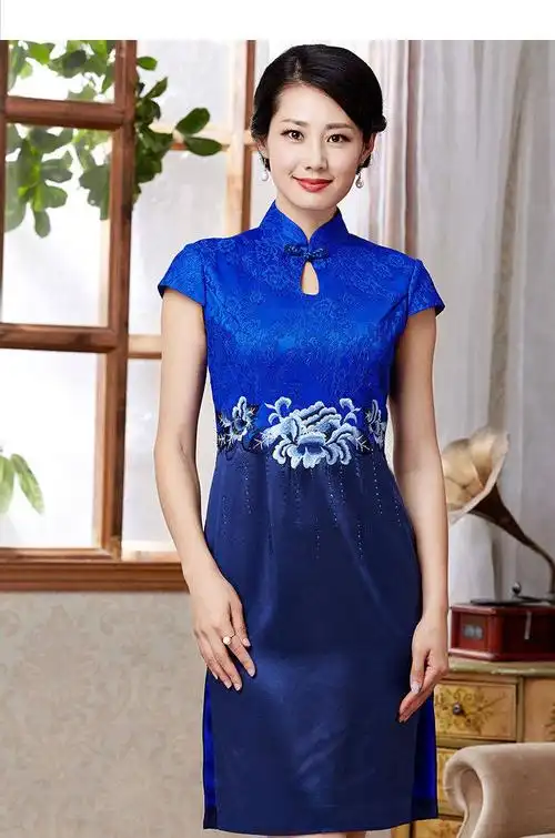 女款宝蓝色/藏青色真丝旗袍