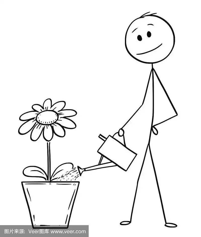 卡通人物或商人浇花或植物在大锅