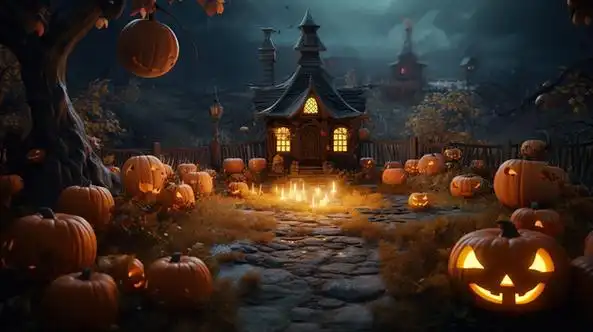 万圣节森林里女巫的房子插画