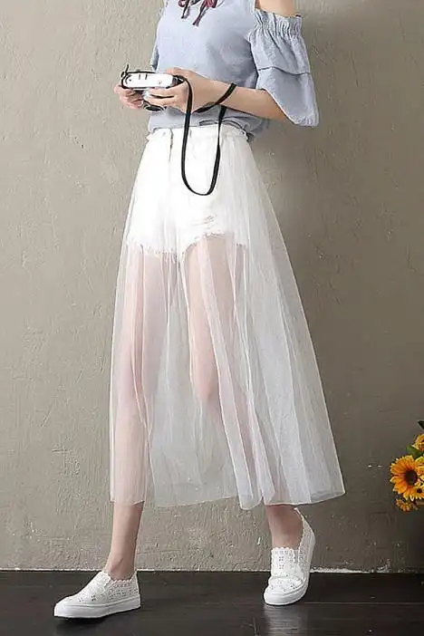 超薄透视网纱半身裙女单层黑色打底纱裙高腰外搭透明长裙学生女裙子