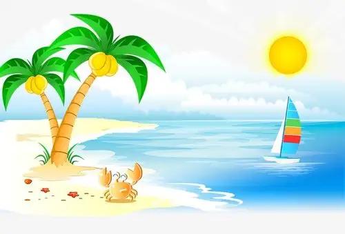 手绘 卡通 沙滩 椰树 海