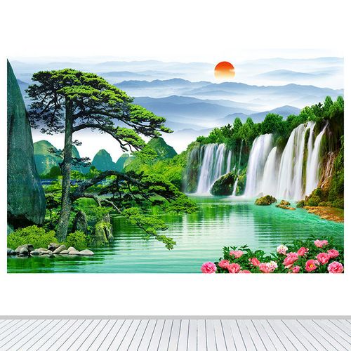 流水生财瀑布客厅装饰画风水招财山水画迎客松办公室墙贴壁画自粘