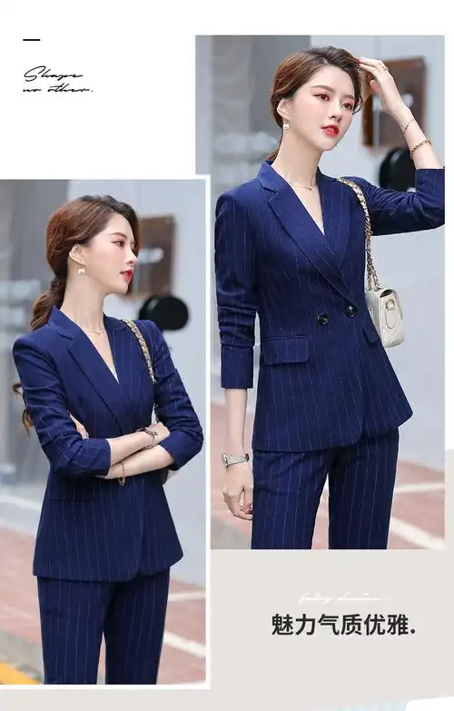 蓝色条纹西装外套女春季时尚商务职业套装休闲气质显瘦长袖小西服