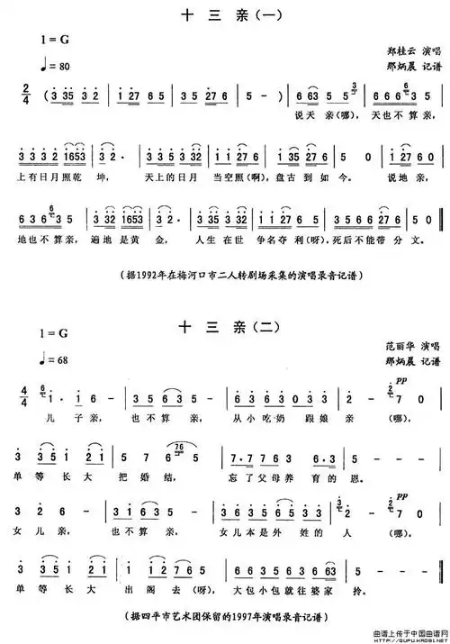 十三亲二人转谱 戏曲曲谱格式:简谱.来源:转自《音乐频道》.