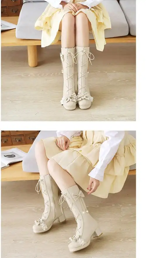 新款lolita洛丽塔鞋甜美学生长靴大码cospla女靴 黑色【冬季加毛】 30