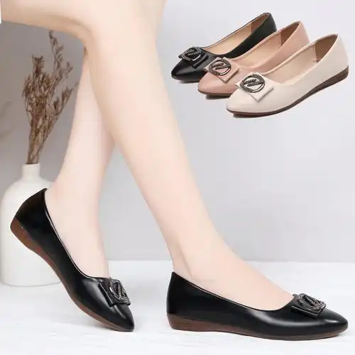 时尚牛筋软底妈妈鞋平底单鞋春夏款中年女鞋舒适软皮休闲女士皮鞋