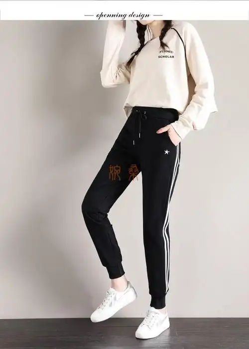 春秋季女式运动裤小脚裤铅笔裤束脚休闲裤学生松紧腰浅灰色双杠春秋