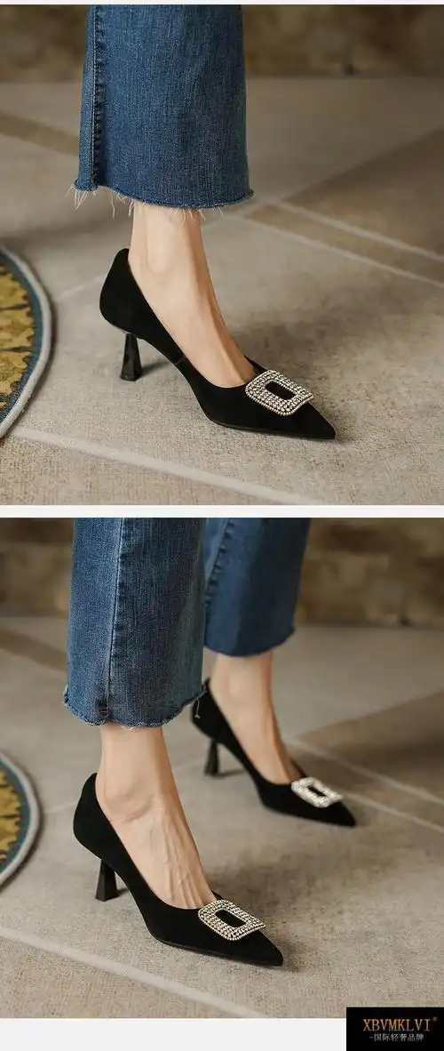 意大利国际x bv mk lv i轻奢品牌夏水钻方扣单鞋小众设计复古尖头高跟