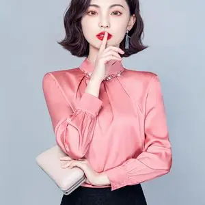 绸缎衬衫女士小衫丝光缎面洋气执着真丝高贵时尚长袖桑蚕丝上衣女