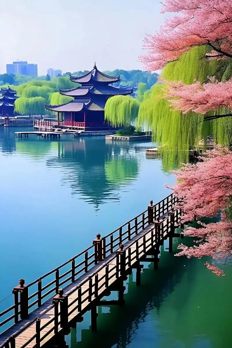 杭州西湖风景优美,小桥,绿柳,观景楼各有千秋,与平静的湖面倒 - 抖音