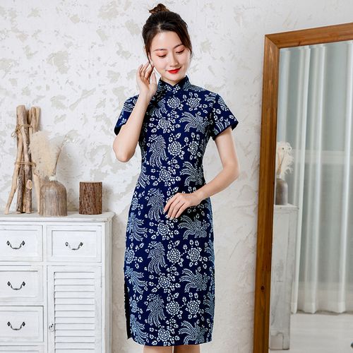 乌镇蓝印花布短袖旗袍复古斜襟民族风纯棉中长款旗袍春夏盘扣女装