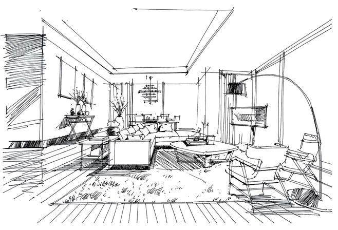 室内手绘客厅线稿草图表达
