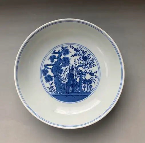 清道光青花内岁寒三友图外仕女婴戏图盘大清道光年制款