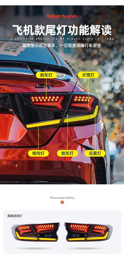 适用十代半雅阁尾灯总成改装白底星空鱼骨奥迪熏黑款流水后杠大灯 10.