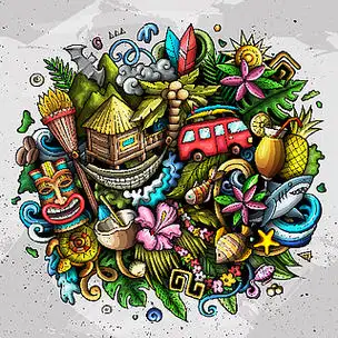 异国情调的岛屿元素和物体.多彩的组成.夏威夷手绘卡通涂鸦插图.